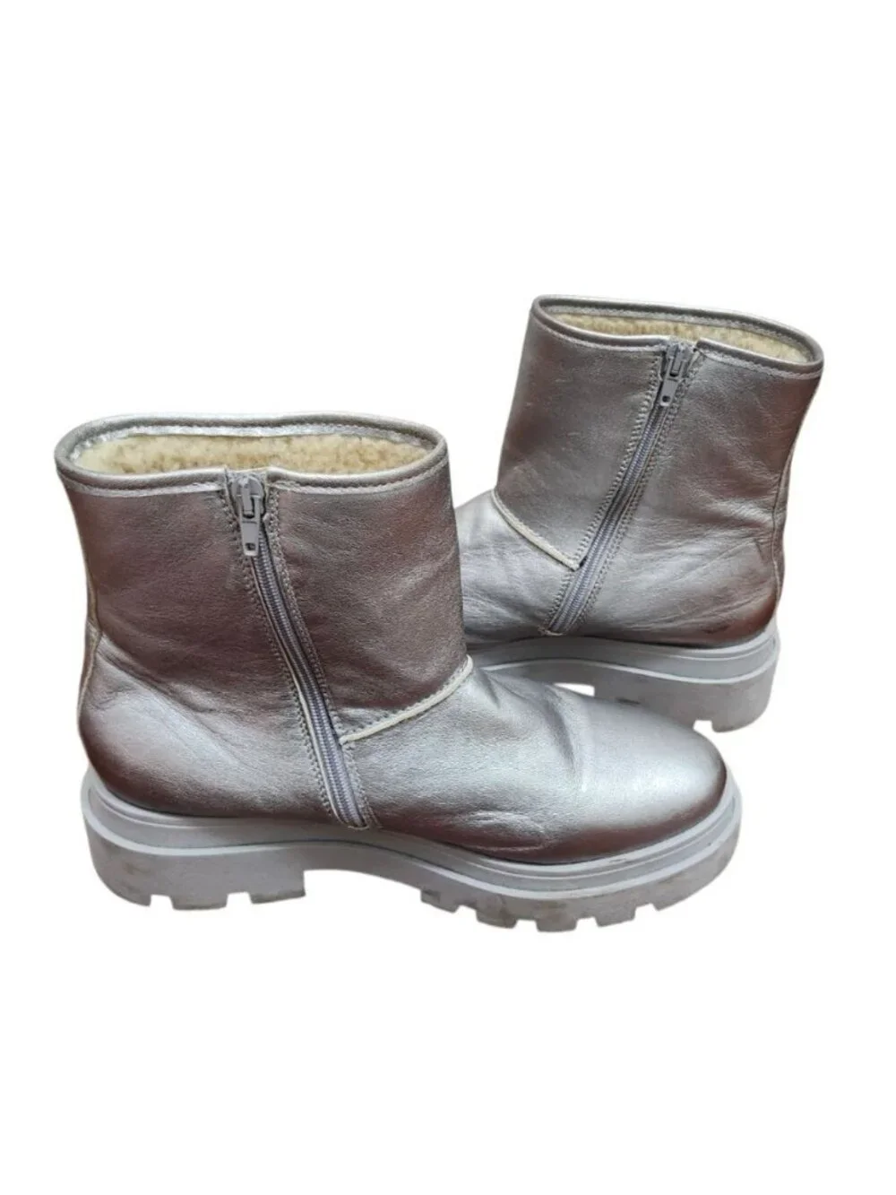 DWRS Metallic Silver Leather Ankle Boots Shearling Lined Platform Lug Sole 10.5